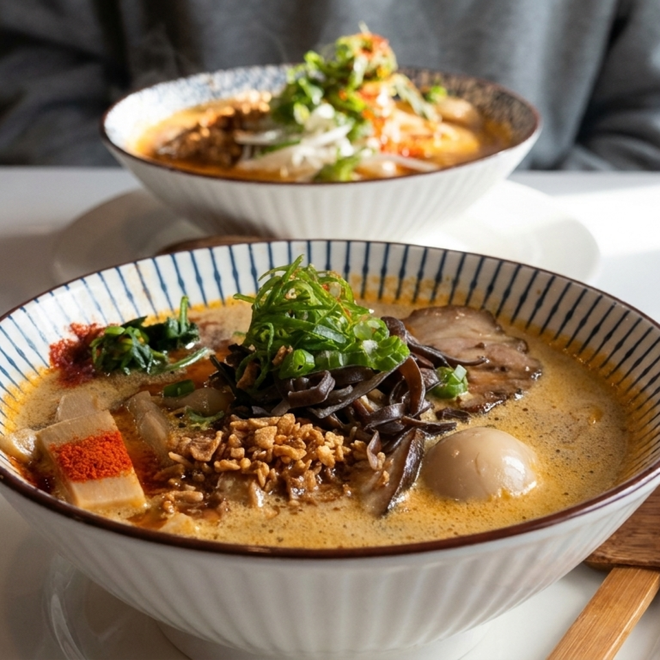 Two bowls of richly garnished ramen sit on a table with water glasses and wooden spoons.