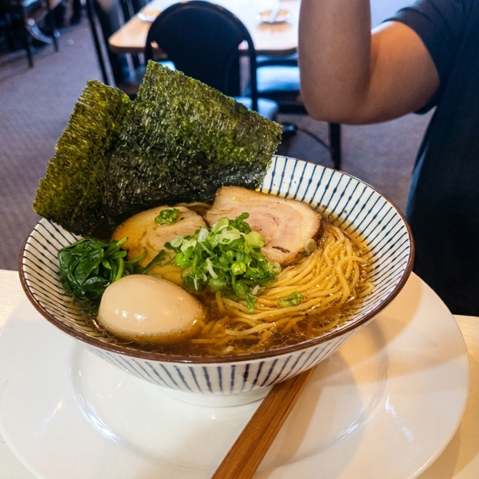 Bowl of ramen with noodles, sliced pork, egg, greens, scallions, and seaweed on a restaurant counter.