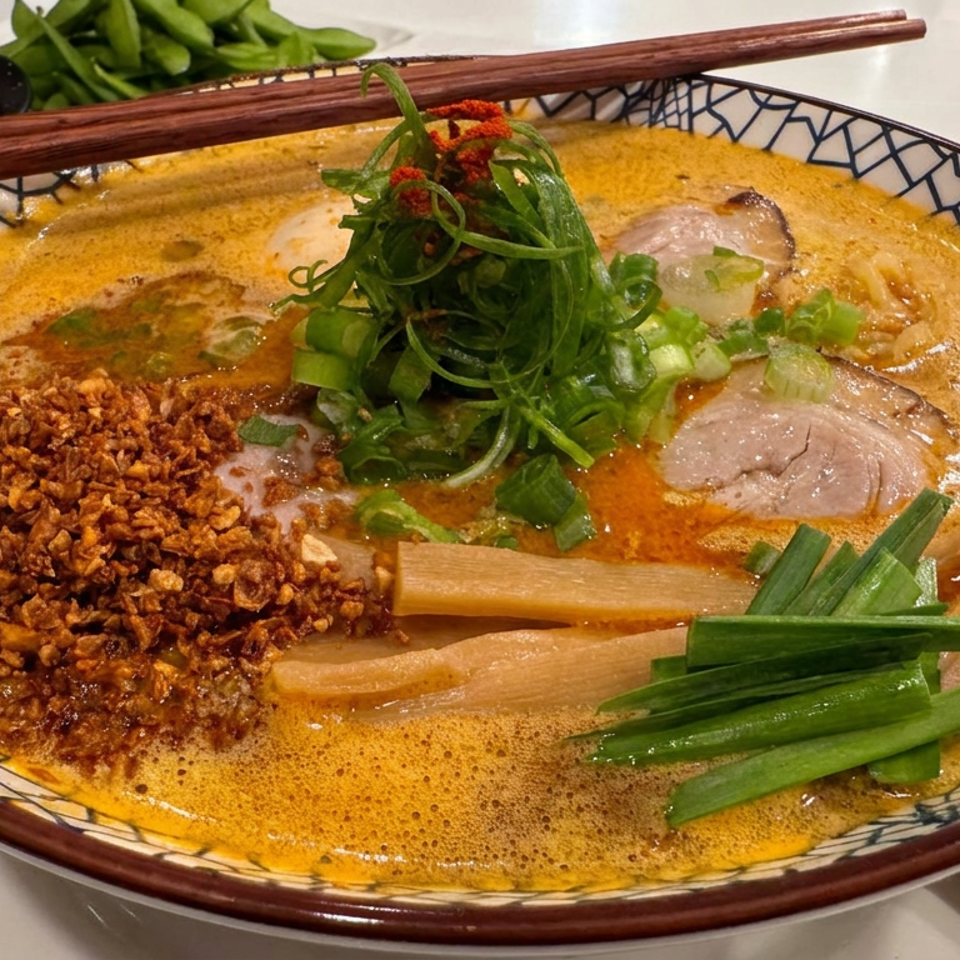 Bowl of spicy creamy ramen topped with pork, bamboo shoots, scallions, fried garlic, and leafy greens, with chopsticks resting across it.