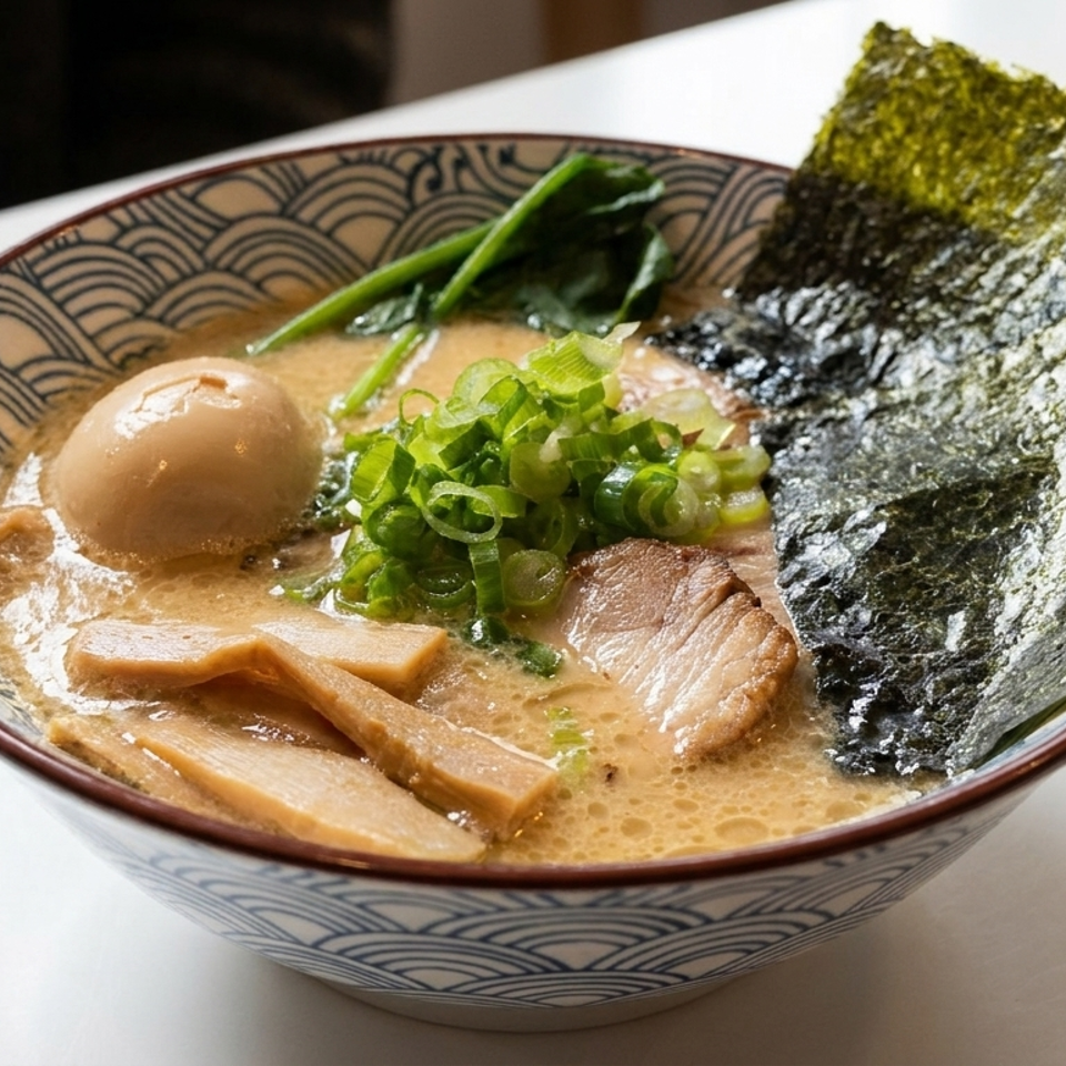 Bowl of creamy ramen topped with pork, soft-boiled egg, bamboo shoots, greens, scallions, and sheets of nori.
