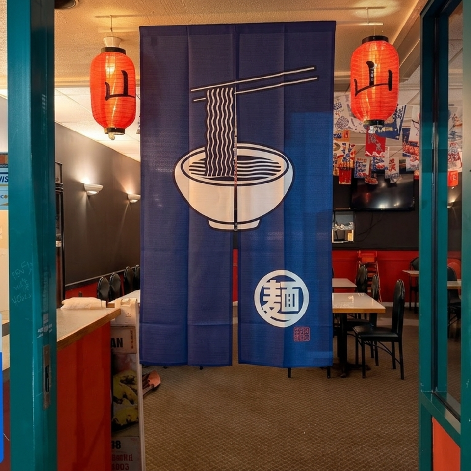 Ramen restaurant entrance with red lanterns, blue noodle-curtain, dining tables, menu posters, and delivery service signs.